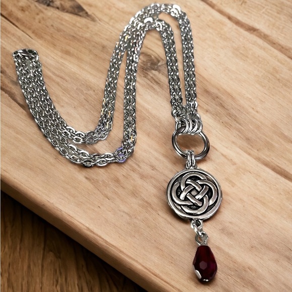 Necklace stainless steel cable link chain , celtic charm & dangly red crystal - Picture 3 of 8